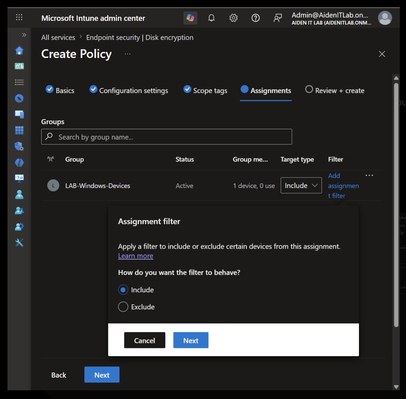 Assigning the BitLocker policy to the LAB-Windows-Devices group