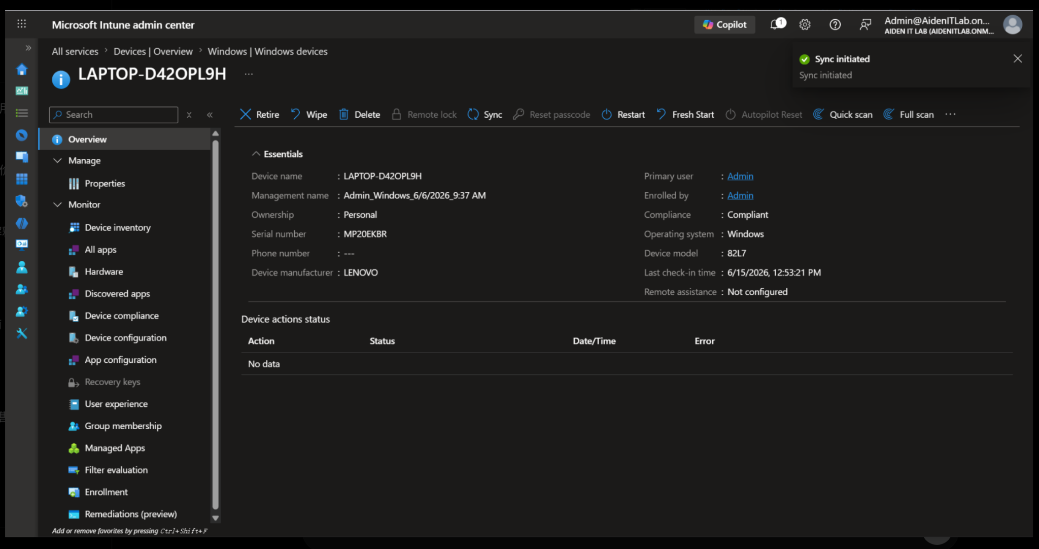 Initiating a manual sync for the Windows test device