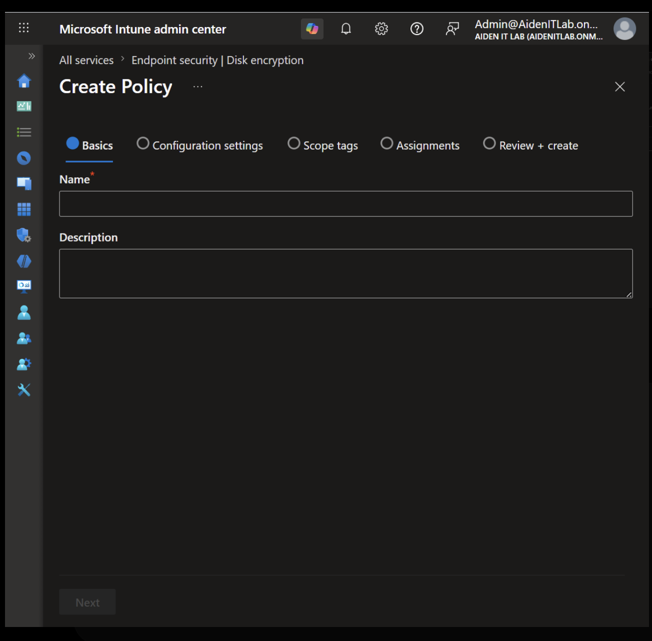 Creating the LAB-BitLocker-Baseline policy in Microsoft Intune