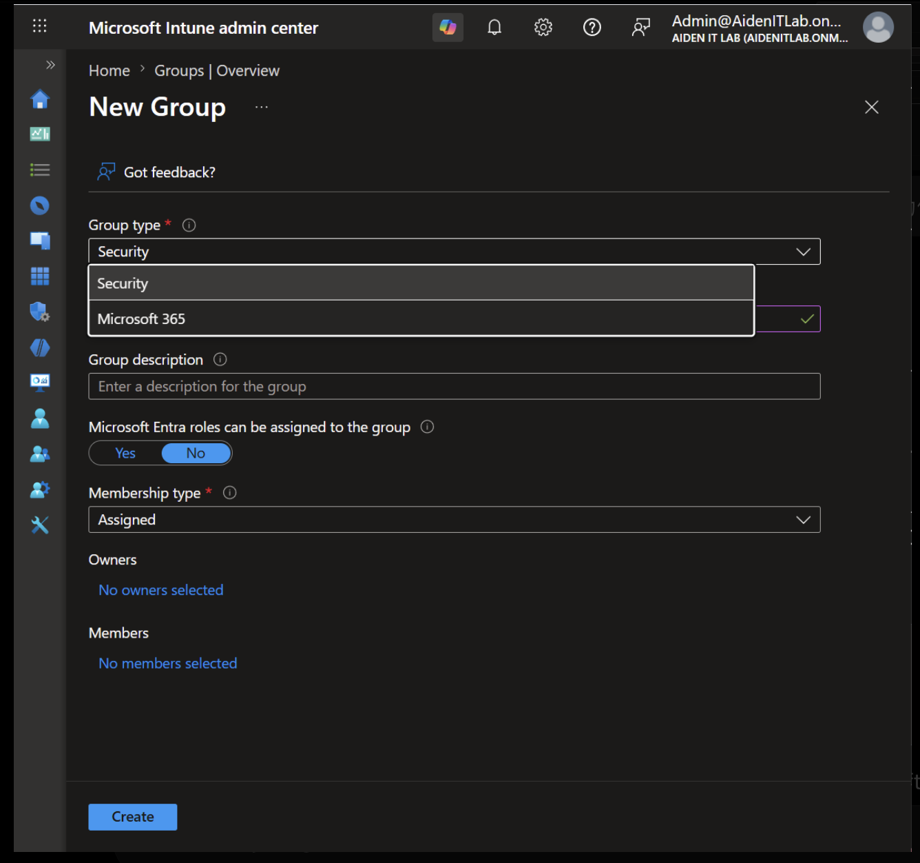 Creating the LAB-Windows-Devices security group with assigned membership