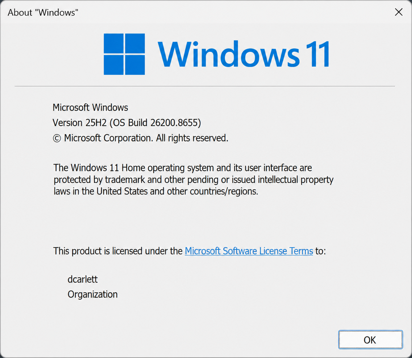 Confirming that the test device runs Windows 11 Home
